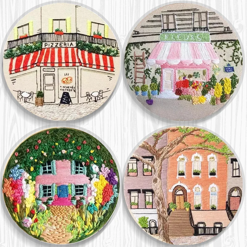 

15cm DIY Ribbon Embroidery Set for Beginner Needlework Kits Europe Town Scenery Cross Stitch Series Needle Arts Crafts Sewing