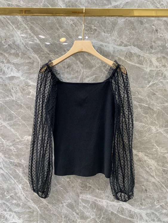 

2020 autumn and winter new women's wide neck mesh perspective polka dot decoration long-sleeved all-match shirt 1207