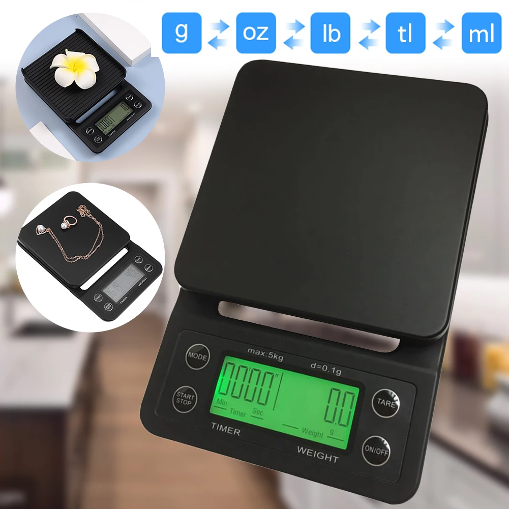 

Coffee Scale with Timer Digital Multifunction Portable Electronic Digital Weighing Scale Bright LCD Display Drink Kitchen Use