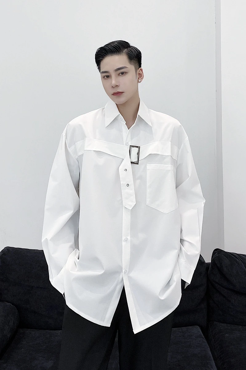 

Autumn Men Casual Shirts Button Bandage Dark Loose Brand Design Male Shirts Yohji Owen Japan Korean Style Clothes Streetwear