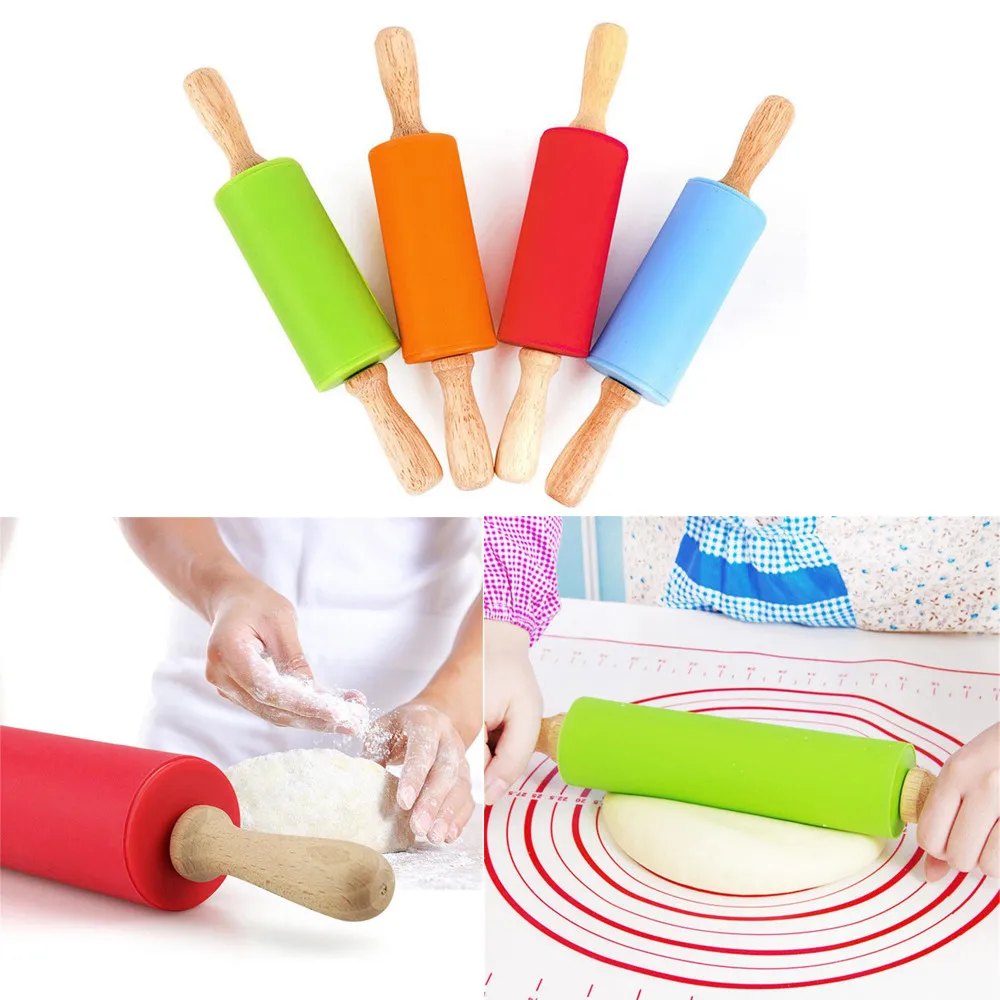 

Wooden Handle Silicone Rollers Rolling Pin Kid Kitchen Cooking Baking Tool For Pasta Cookie Dough Pastry Bakery Noodle Kitchen