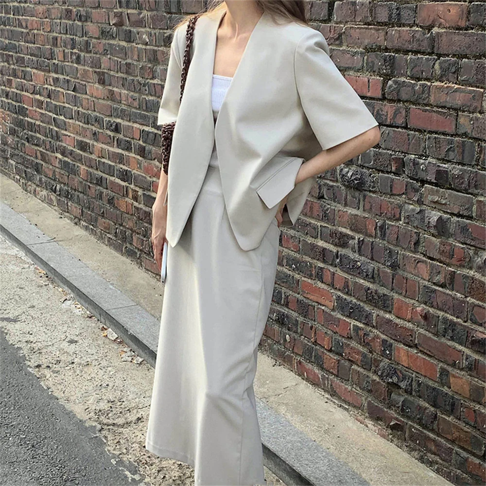 

2021 Hot Office Lady Slim Streetwear Chic Casual Blazers+ Solid Straight Loose New Skirts All Match Two Piece Sets