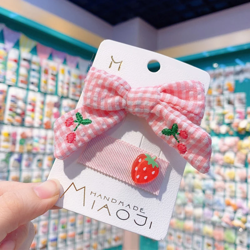 2Pcs/Set Kids Cartoon Hair Accessories Cherry Fruit Elastic Band Hairpins Headwear Set Girls Plaid Bow Clips Headdress |