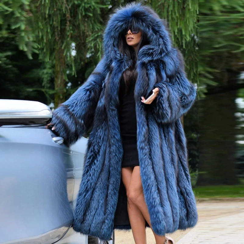110cm Long Real Silver Fox Fur Coats For Women Natural Whole Skin Genuine Fox Fur Coat With Hood Winter 2022 New Woman Overcoats