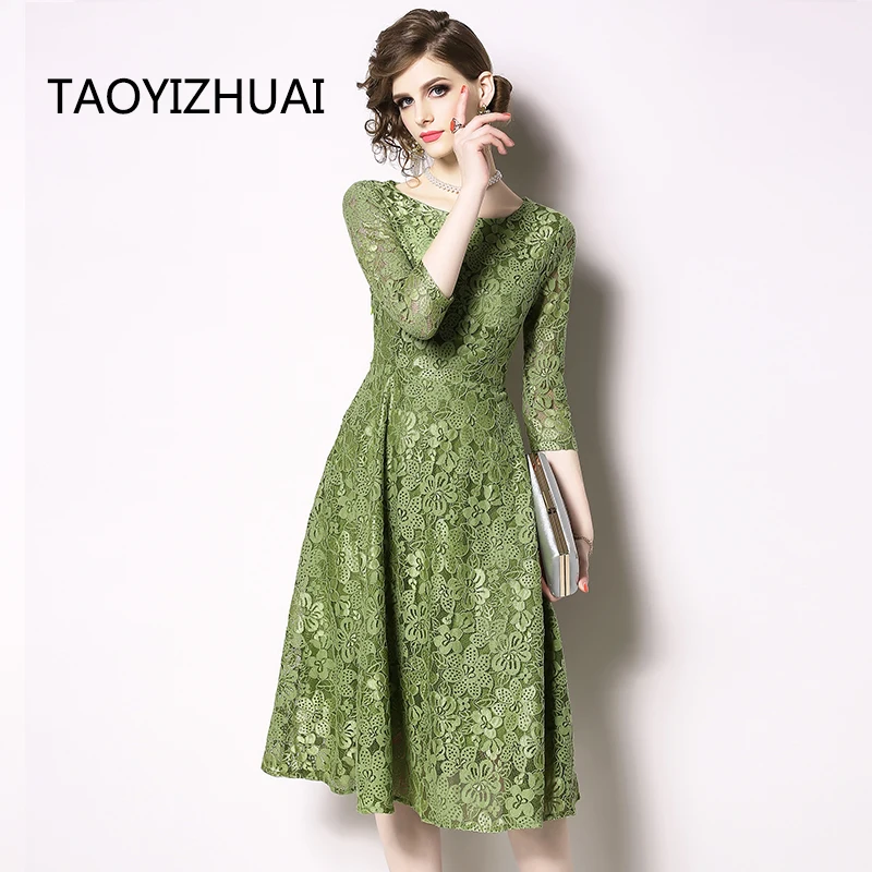 

TAOYIZHUAI casual style lace dress A line round neck three quater sleeves knee length slim elegant party lady office dress