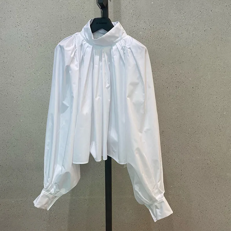 

Женская белая Свободная рубашка, простая короткая блузка с длинными рукавами-фонариками и воротником-стойкой, осень 2021