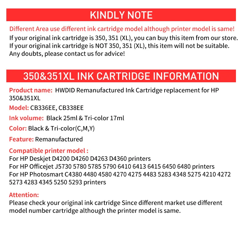 Сменный чернильный картридж HWDID 350XL 351XL для HP 350 351 xl D4200 D4260 D4263 D4360 J5730 5780 5785 C4380 4480|ink