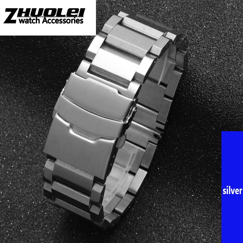 silver Ремешок из нержавеющей стали для мужских серебряных PVD черных браслетов 18 мм 20 мм 22 мм 24 мм - Цвет ремешка: silver