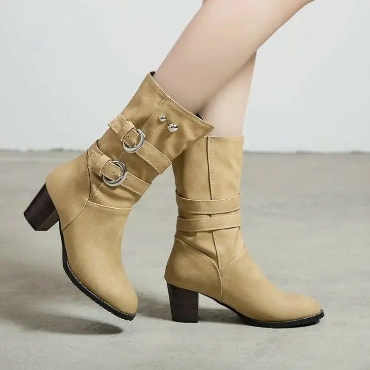 

Женские сапоги средней длины на блочном каблуке с пряжкой и ремешком, повседневная обувь на молнии, размеры