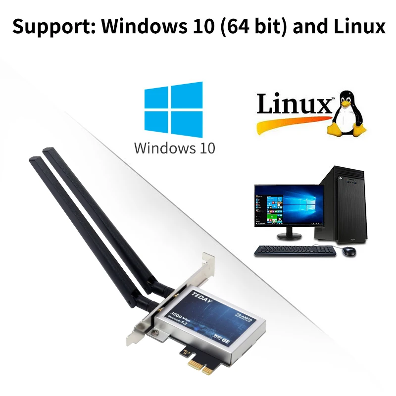 

Desktop Wi-Fi 6 Intel AX210 PCIe WiFi Adapter Bluetooth 5.2 3000Mbps 2.4G 5G 6G 802.11ax AX210NGW Wireless Wifi 6E Card