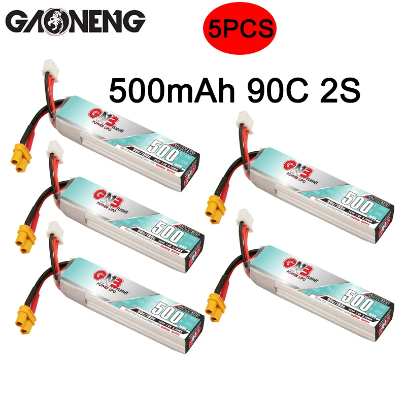 

5 шт., литий-полимерные аккумуляторы GAONENG GNB 500 мАч 2S 7,4 В, 90C 2S1P, батарея XT30 для радиоуправляемых гоночных FPV-дронов, аксессуары для мультикоптер...