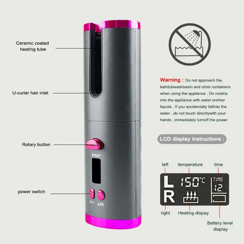 Полностью автоматическая беспроводная вращающаяся плойка с зарядкой от USB щипцы