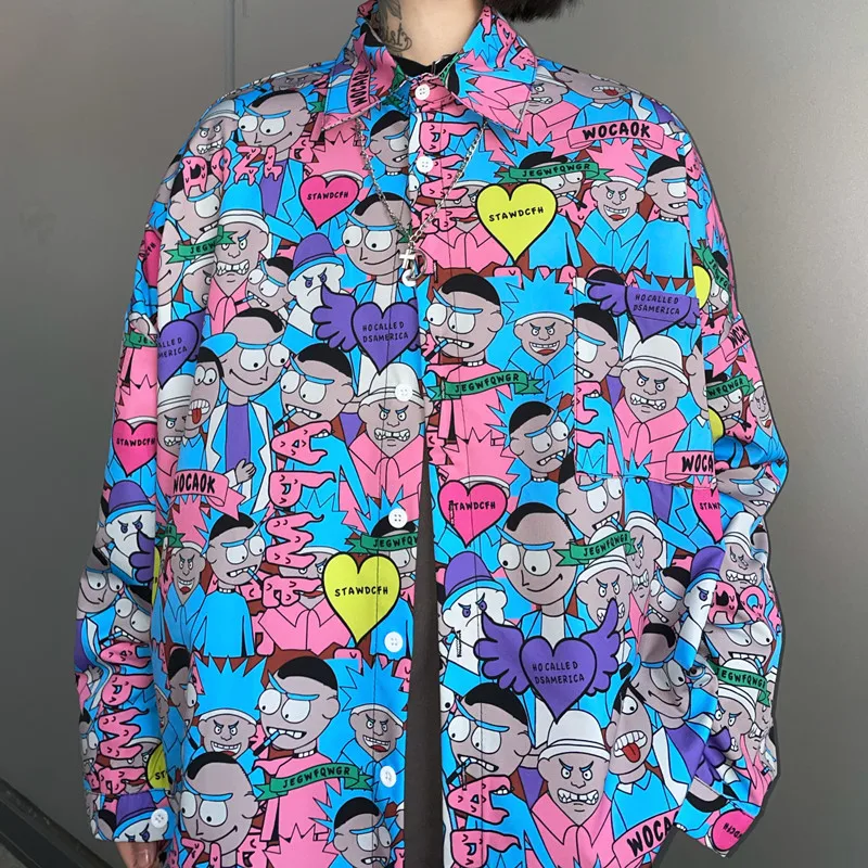 

Spring Korean Ins Harajuku Cartoon Print Blouses Women Clothing Long Sleeve Ladies Tops Fashion Turn-down Collar Loose Shirts