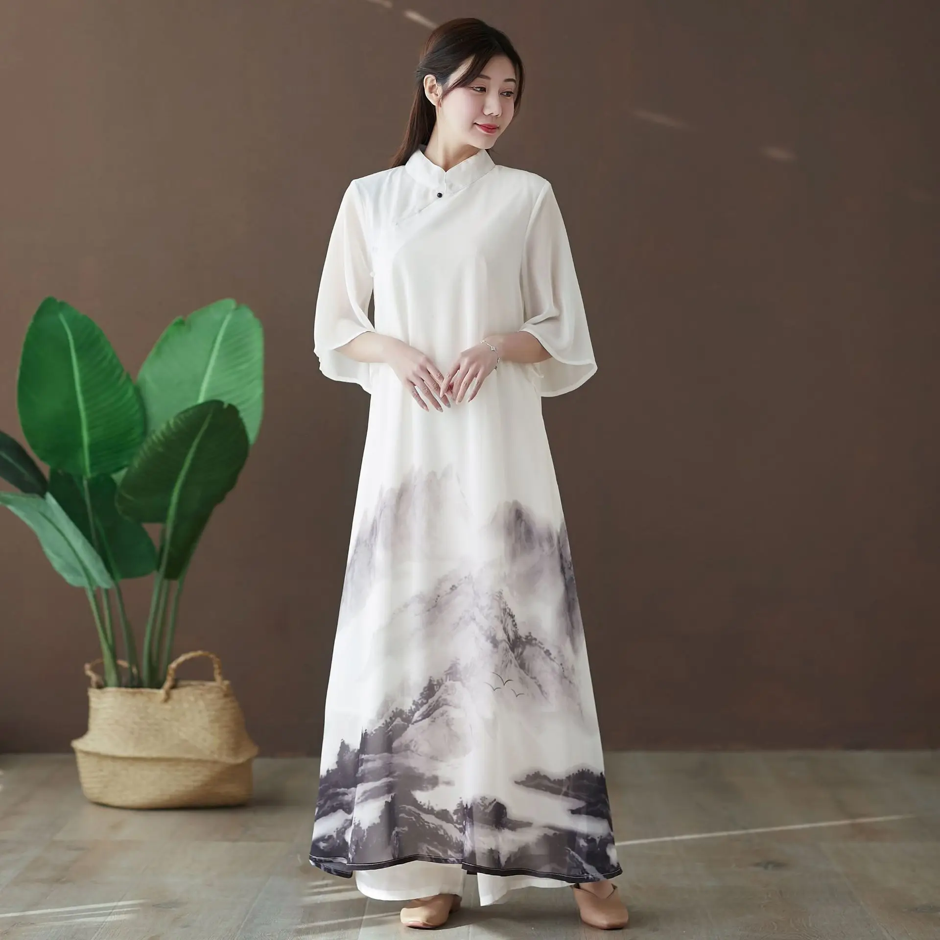 

Chiffon Shirt Landscape Dress Retro National Style Collar Dress Printed Button Costume Hanfu Kung Fu Stage Performance Landscape