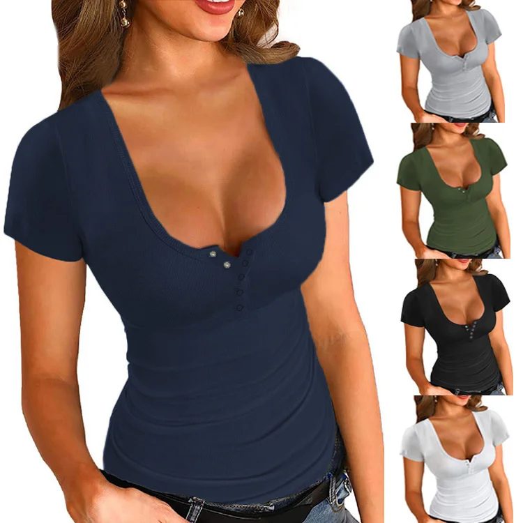 

New summer 2021 women's solid casual T-shirt U-neck Pullover tight short sleeve top
