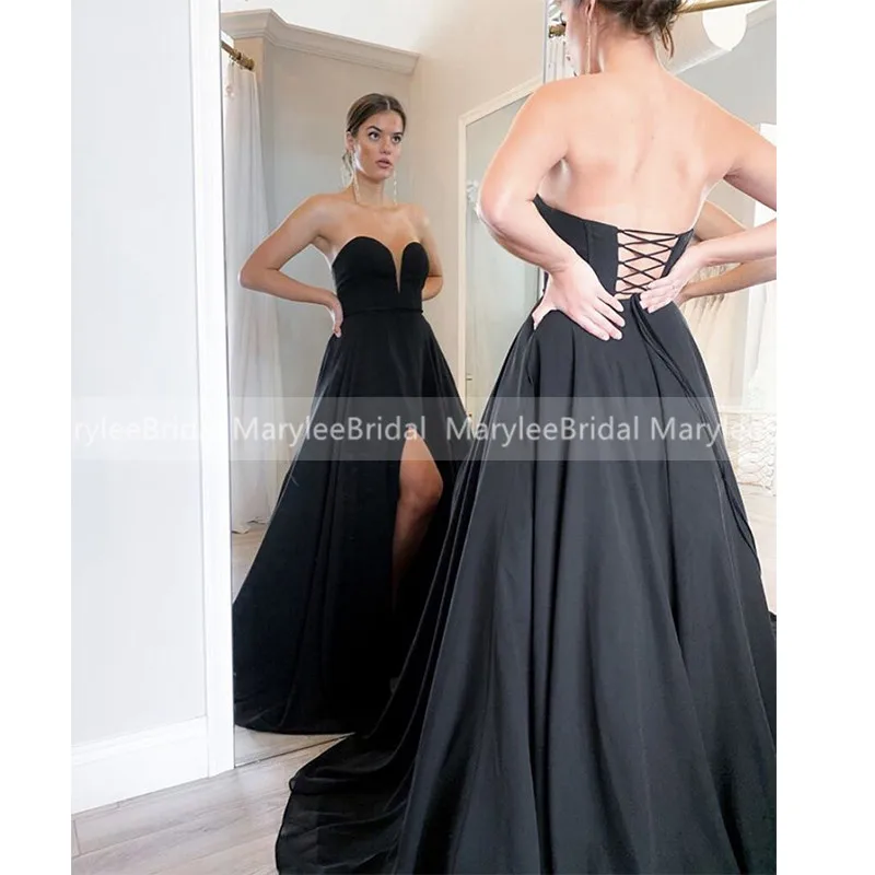 Strapless A-line Black Prom Dresses 2020 Simple Long Sexy Vestido De Festa High Slit Formal Evening Party Dress Lace Up Back | Свадьбы и