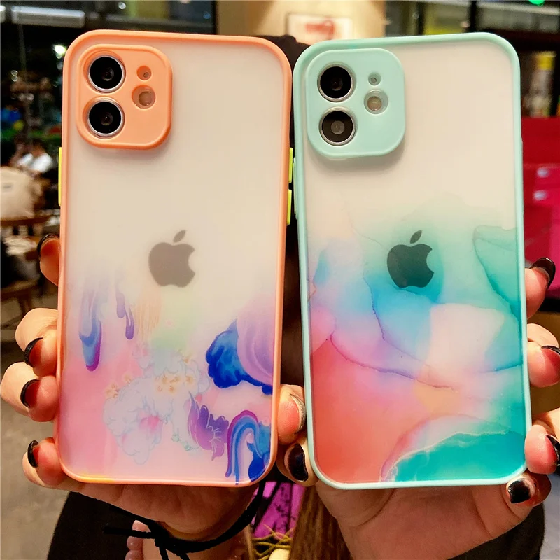 

Kowkaka Watercolor ink Style Phone Case For iPhone 13 12 11 Pro Max Mini XR XS Max X 7 8Plus SE Soft TPU Camera Protective Cover