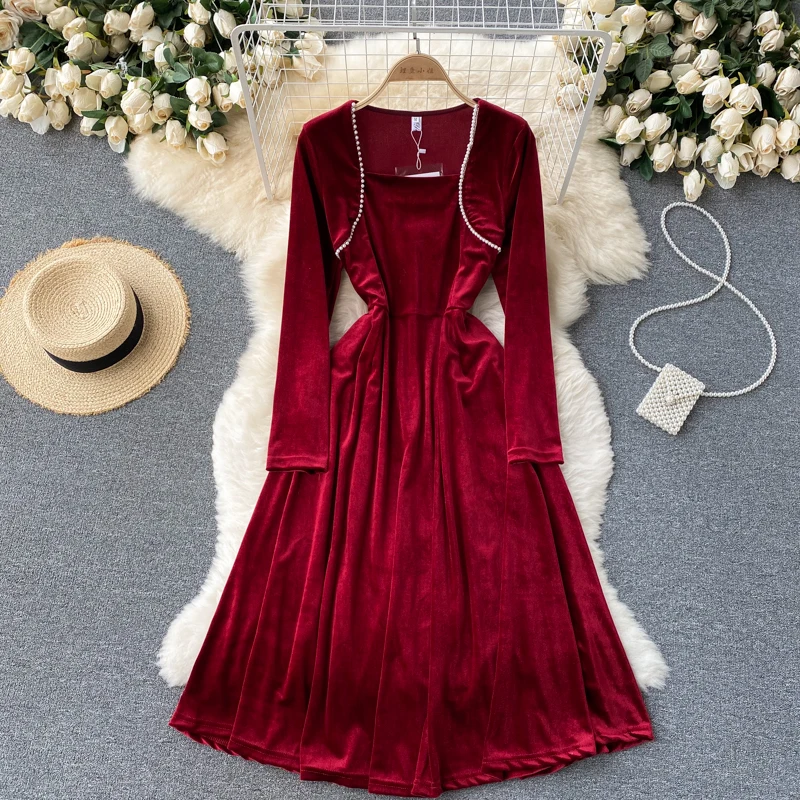 Autumn Winter Women Beading Velvet Party Dress Vintage Square Collar Long Sleeve High Waist A-Line Slim Midi Vestidos Female New