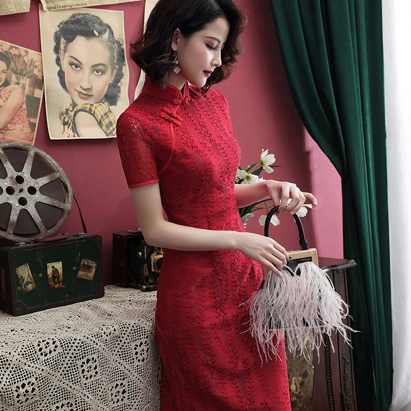 FZSLCYIYI 2019 летнее Современное женское короткое Кружевное китайское платье Ципао