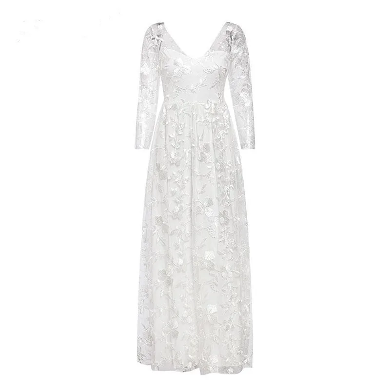 Платье с длинными рукавами и вышивкой v-образным вырезом женские вечерние платья