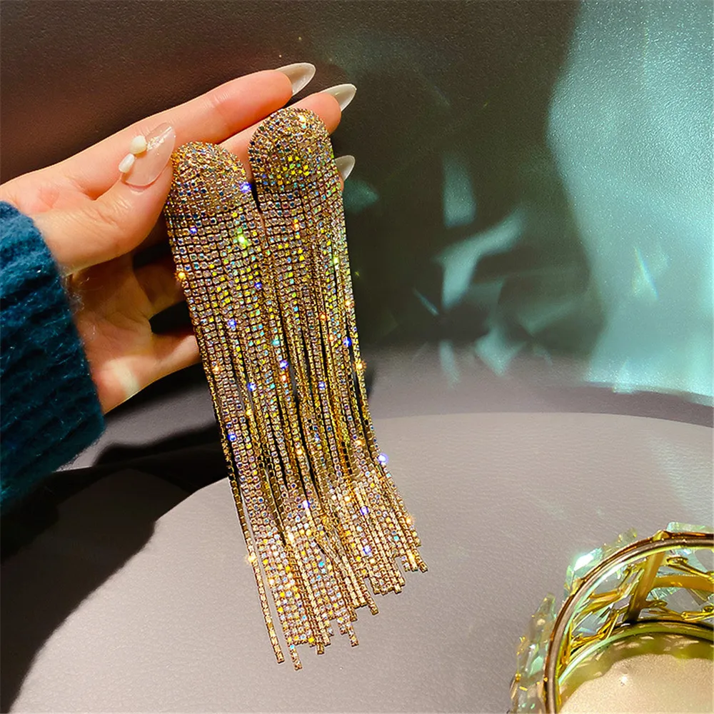 

New Long Tassel Full Rhinestone Drop Earrings For Women Oversize Crystal Dangle Earrings Fashion Jewelry Accessories