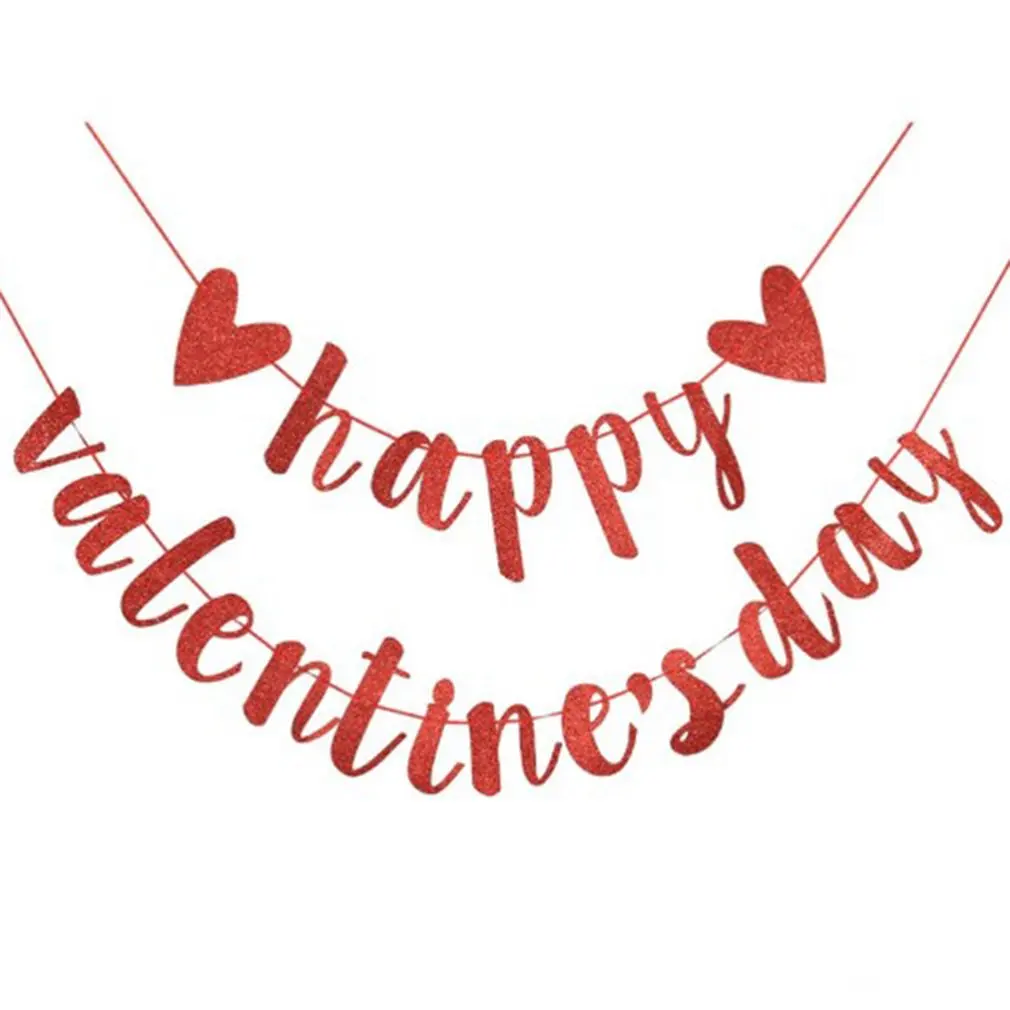 

Happy Valentine's Day Red Glittery Banner Valentine's Day Banner Garland With Pink Heart Signs Party Decoration