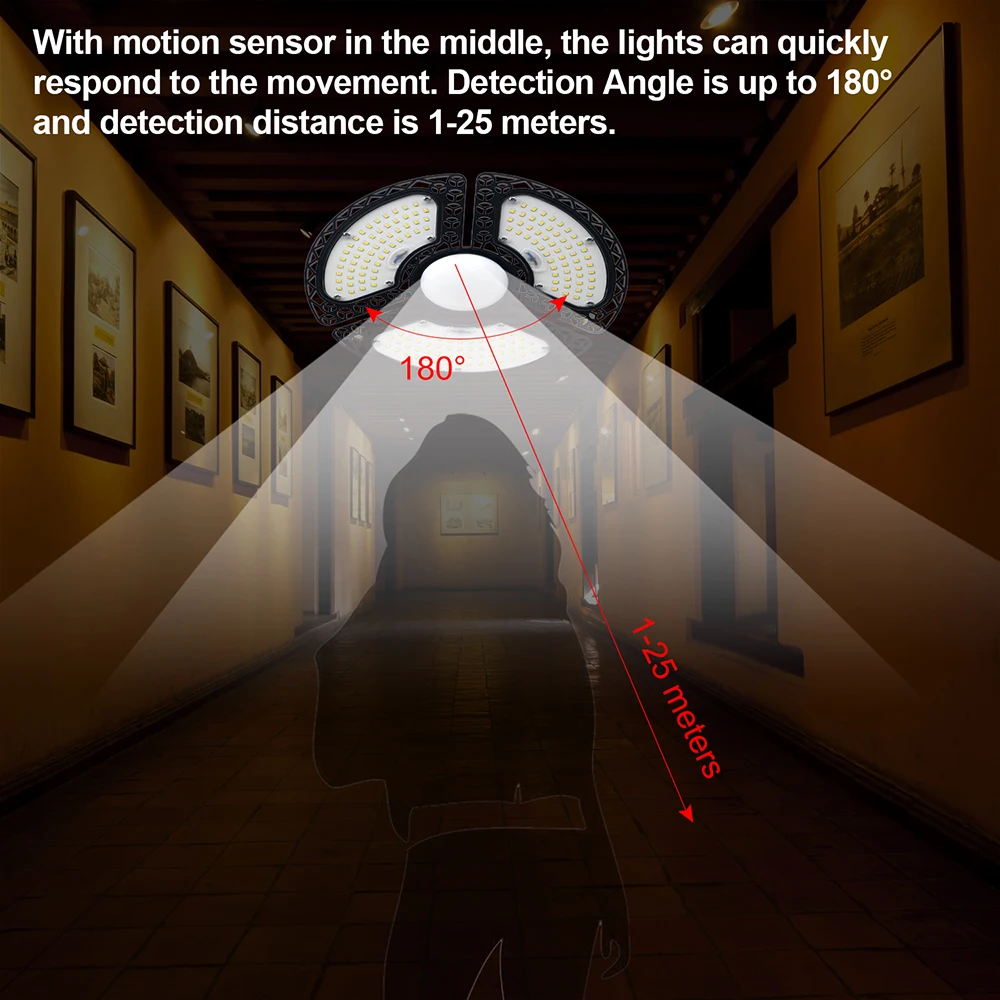 

E27 Motion Sensor LED Garage Lights Motion Activated 60W 6000LM Deformable LED Ceiling Lights with 3 Panels for Garage Warehouse