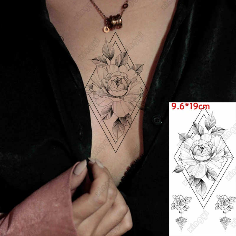 

1 Pieces Rose Peony Hot Black White Large Flower Henna Temporary Tattoos Black Mehndi Style Waterproof Tattoo Sticke