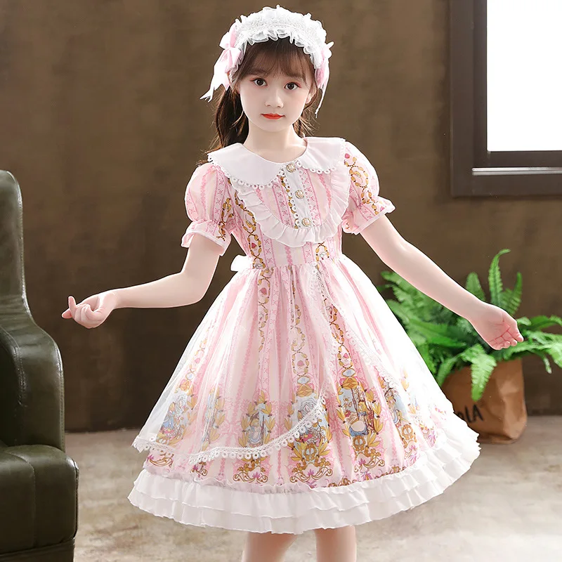 

Pink Lolita Girls Princess Mesh Dress College Sailo Style Bow Decoration Party Evening Costume Girls Short sleeve Summer Dress