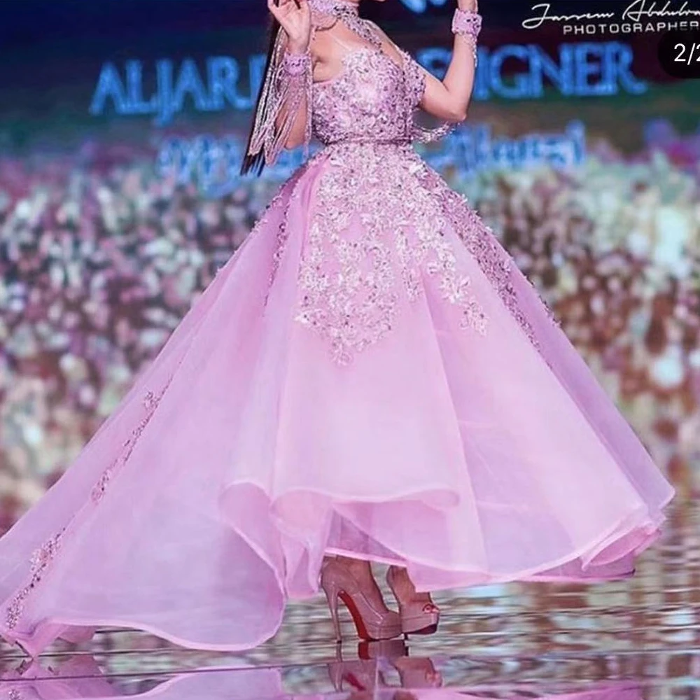 pink prom dresses 2020 lace appliques beading sequins crystal tassel ball gown evening arabic | Свадьбы и торжества