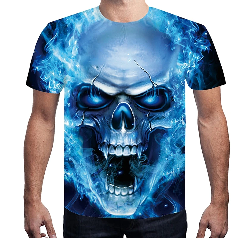Полный 3D печать голубой лед пламя Череп в стиле панк Повседневные мужские