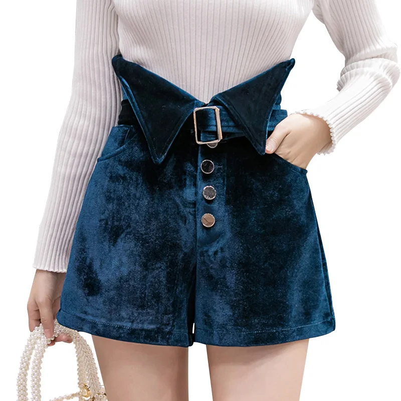 

Velvet Shorts Women Belt Fashion Midi Shorts Female Plus Size Buttons Autumn Winter High Waist Short Trouser Pocket Black Shorts
