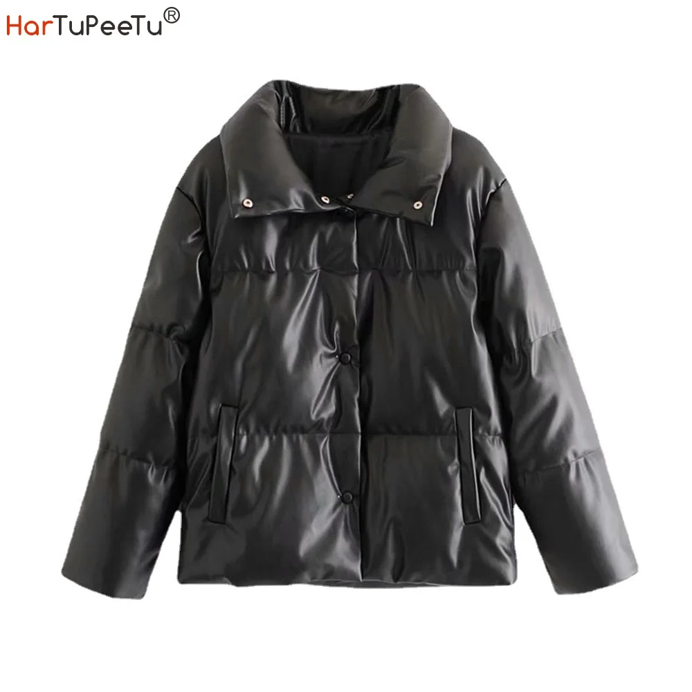 Enlarge 2021 Winter Women Faux Leather Jacket Warm Thick Cotton Padded Coat Female Solid PU Elegant Loose Long Parka Ladies Outwear