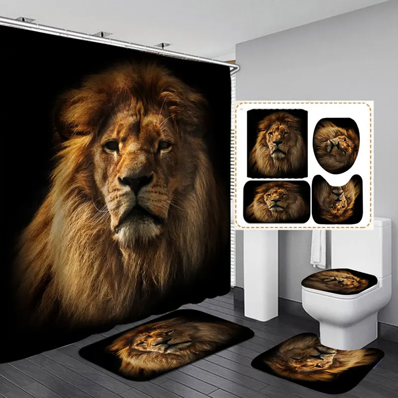 

Animal Lion Flannel Bath Mat Toilet Cover Rugs Fabric Shower Curtain With 12 Hooks Home Bathroom Decor Set