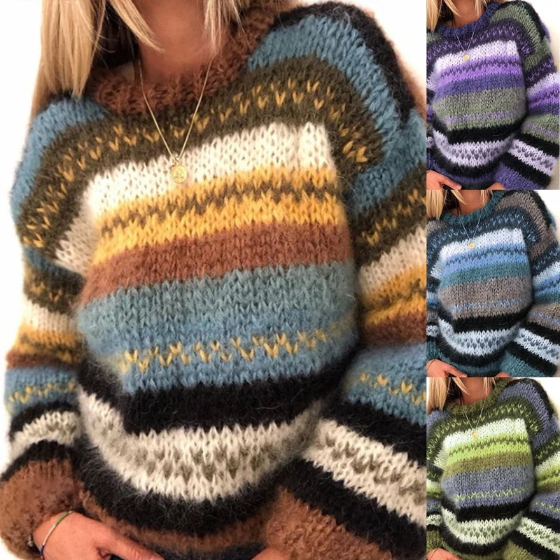 

Women Autumn Long Sleeve Loose Sweater Crew Neck Vintage Contrast Colored Striped Pullover Top Thick Warm Crochet Knitted Jumper