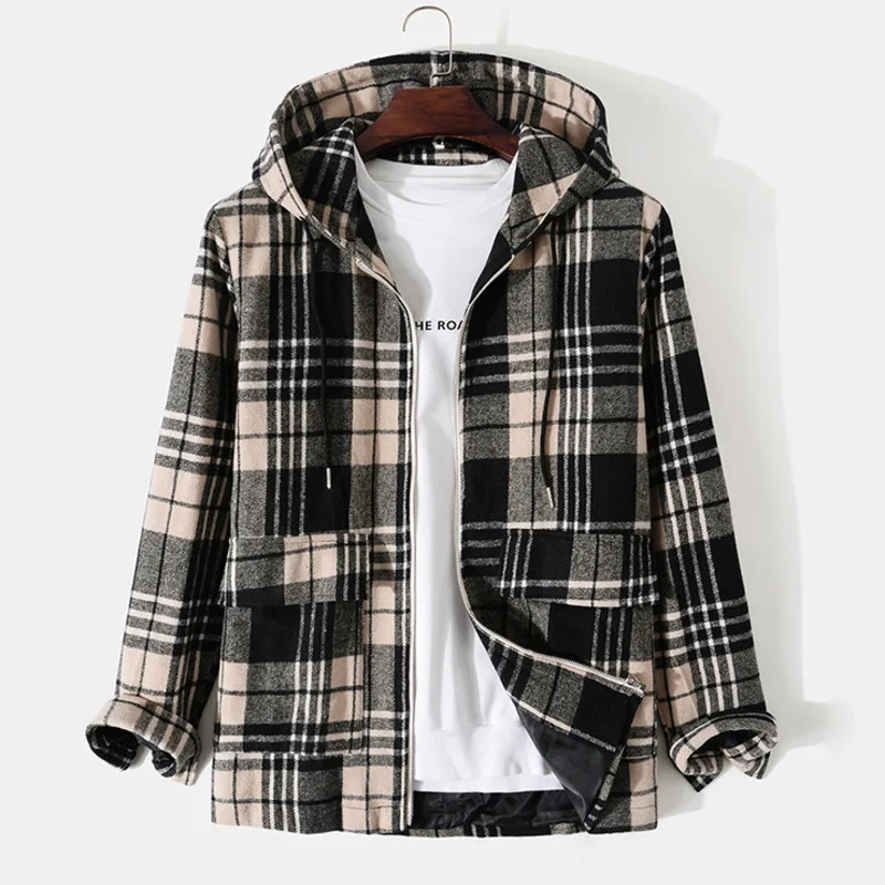 

2022 New Fashion Mens Plaid Zipper Design Casual Drawstring Hooded Jackets Brand Men's Woolen Coat