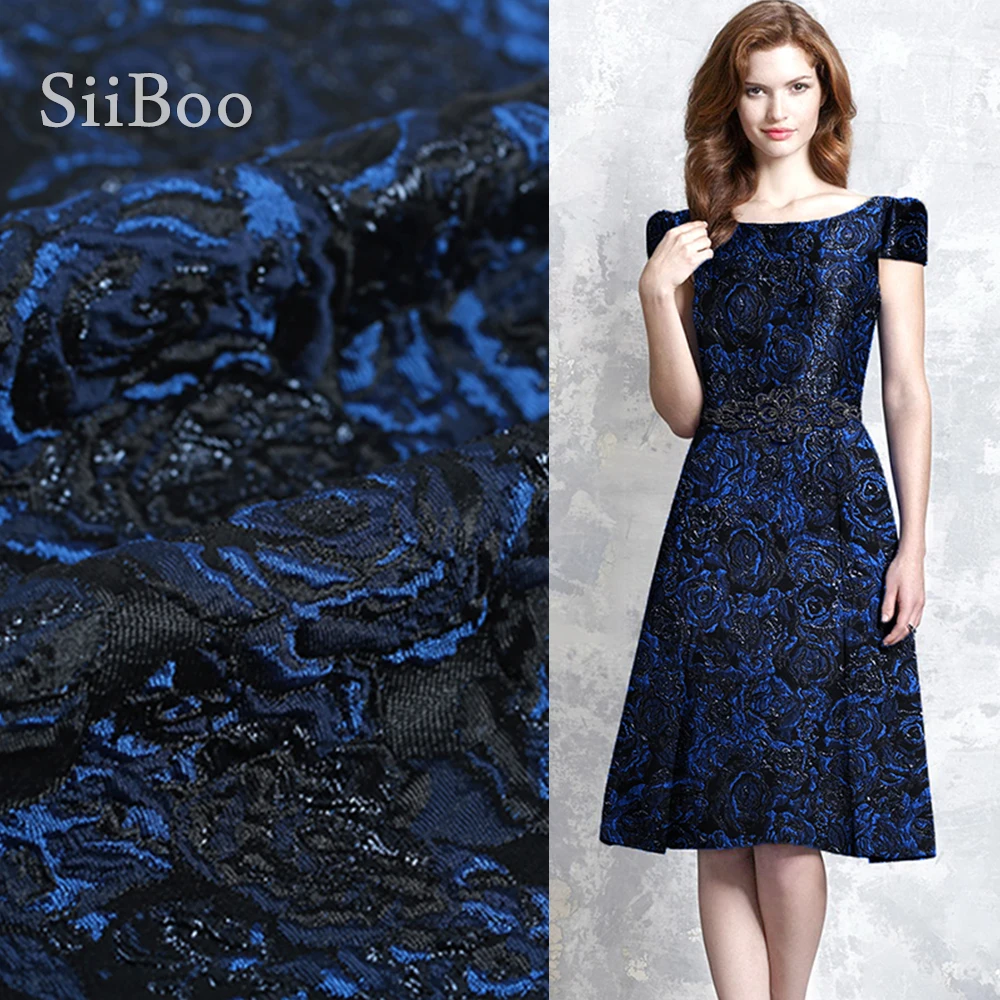 3D Роза тиснением Королевский Синий Черный Металлик Жаккардовая парча ткань для