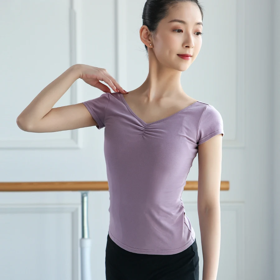 

Women Dance Tops Ballet T shirt Ballerina Dancewear Short Sleeve Women T shirt Pinch Front Ballet Clothes Cotton Dance costumes