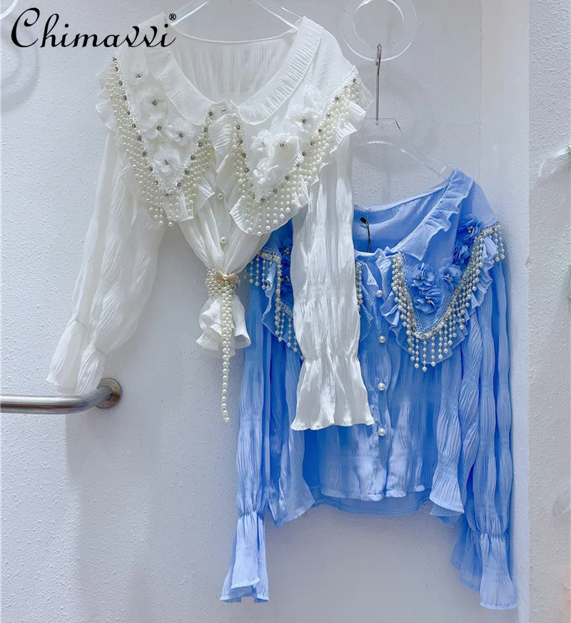 

New Sweet Pearl Tassel Peter Pan Ruffled Collar Solid Color Shirt Slimming Long Sleeve Loose Top for Women