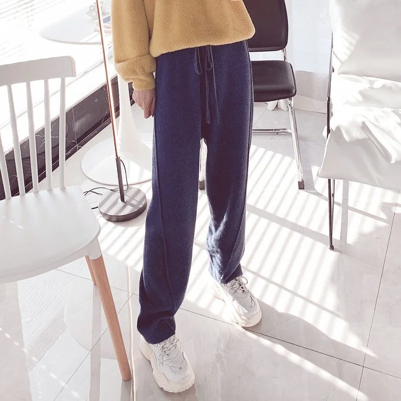 

Spring Autumn Knitted Straight Pants Women Korean Solid Pit Ankle-length Pants Elastic Waist Lace Up Pants Sweatpants Y137