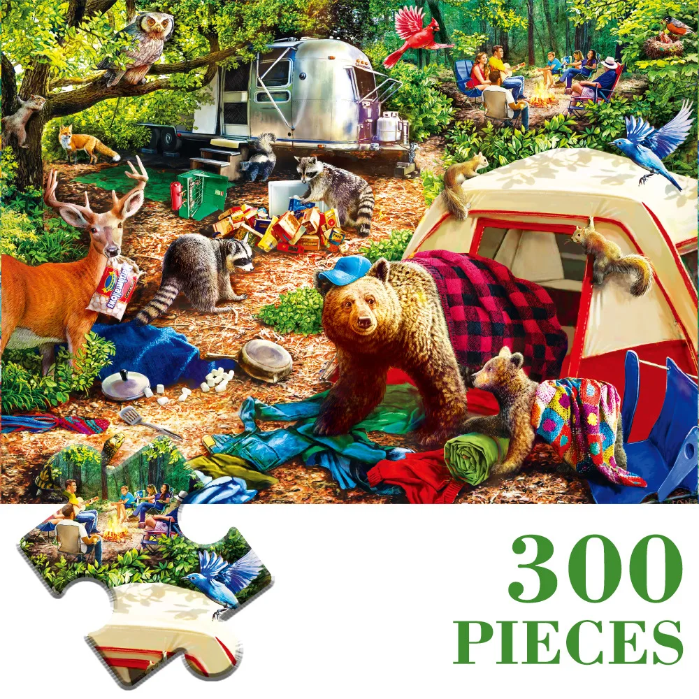 

MaxRenard 70 *50 cm Quality Plane 300 Pieces Puzzle Animation Cartoon Bear Deer Parent-child Toy Animal World on A Picnic