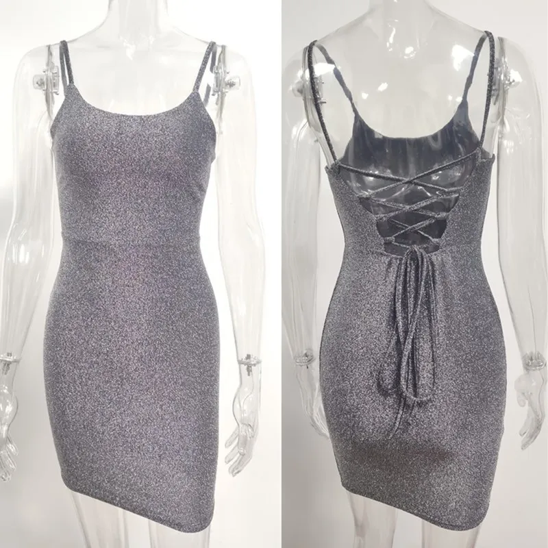 

2020 Mini Party Dress Glitter Sexy Bodycon Spaghetti Strap Backless Off Shoulder Short Slim Sparkle Clubwear Summer Dress Women