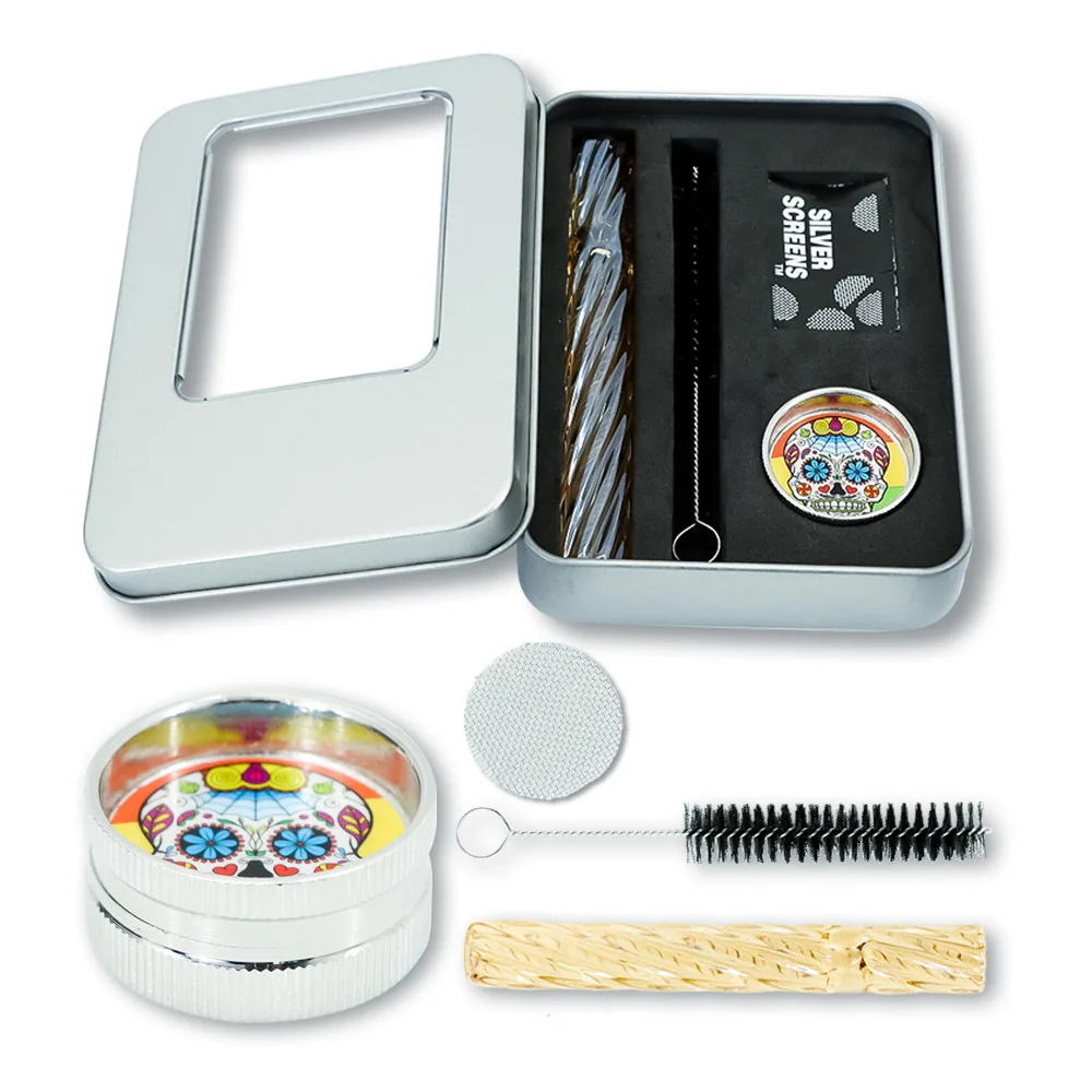 

Colorful Spiral Glass Weed Pipe Kit with Filter Tube/Tobacco Grinder/Metal Storage Box/Mini Hookah Brush Set Smoking Accessories