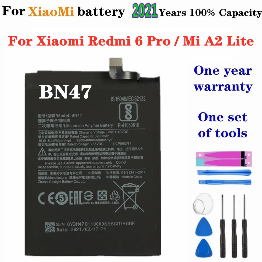 

2021 BN47 Replacement Battery For Xiaomi Redmi Mi A2 Lite / 6 Pro Mobile Phone Battery Original Capacity 4000mAh batteries +Tool