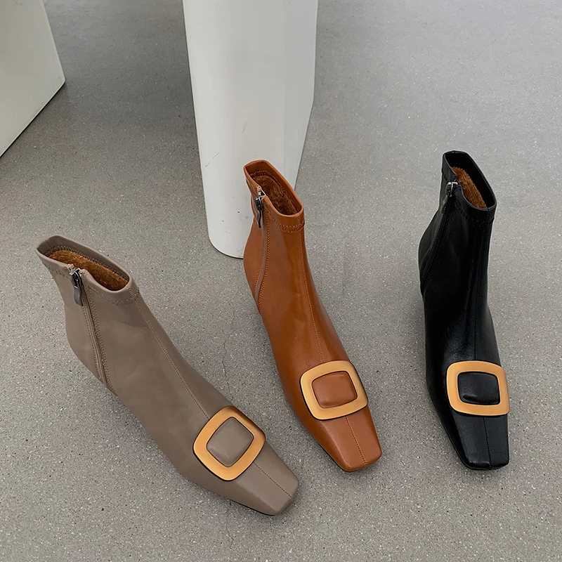 

Ботильоны женские с квадратным носком, модные туфли-лодочки на тонком среднем каблуке, металлическая цепочка, боковая молния, черные/серые/...