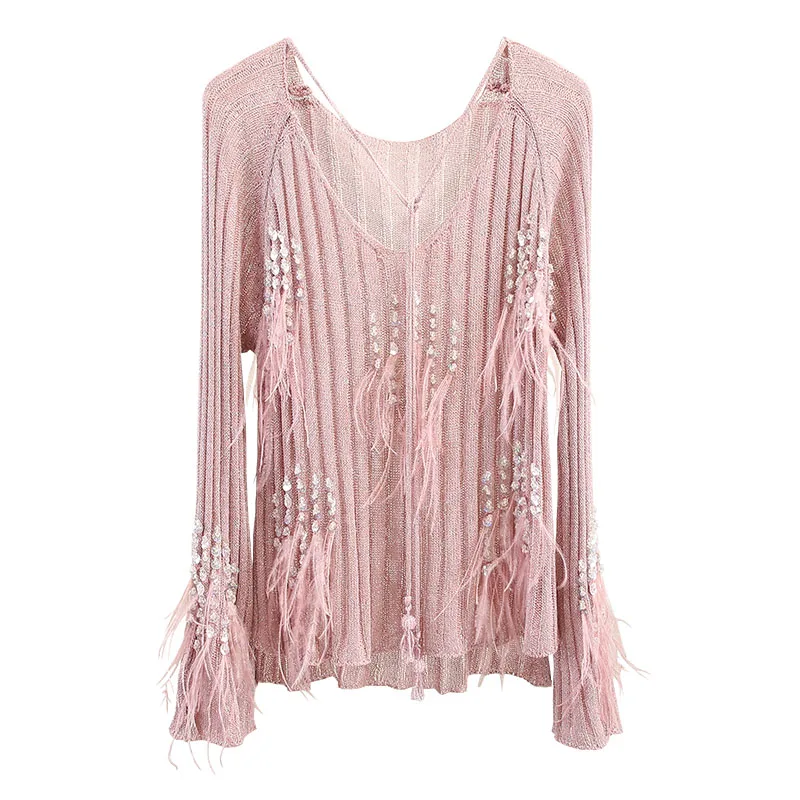 Украшенный перьями свитер женский с пайетками тонкий v-образный вырез отделка