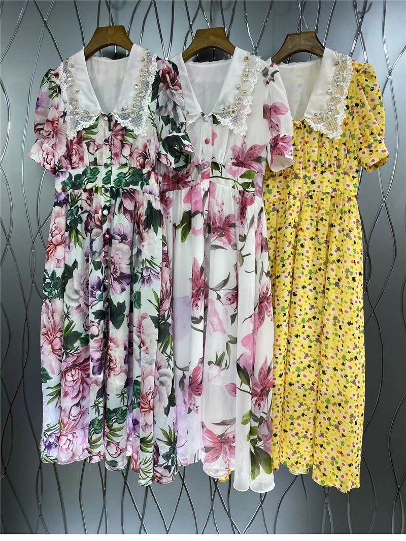 

High Quality Brand Women Long Dress 2021 Summer Ladies Turn-down Collar Beading Deco Short Sleeve Floral White Yellow Maxi Dress