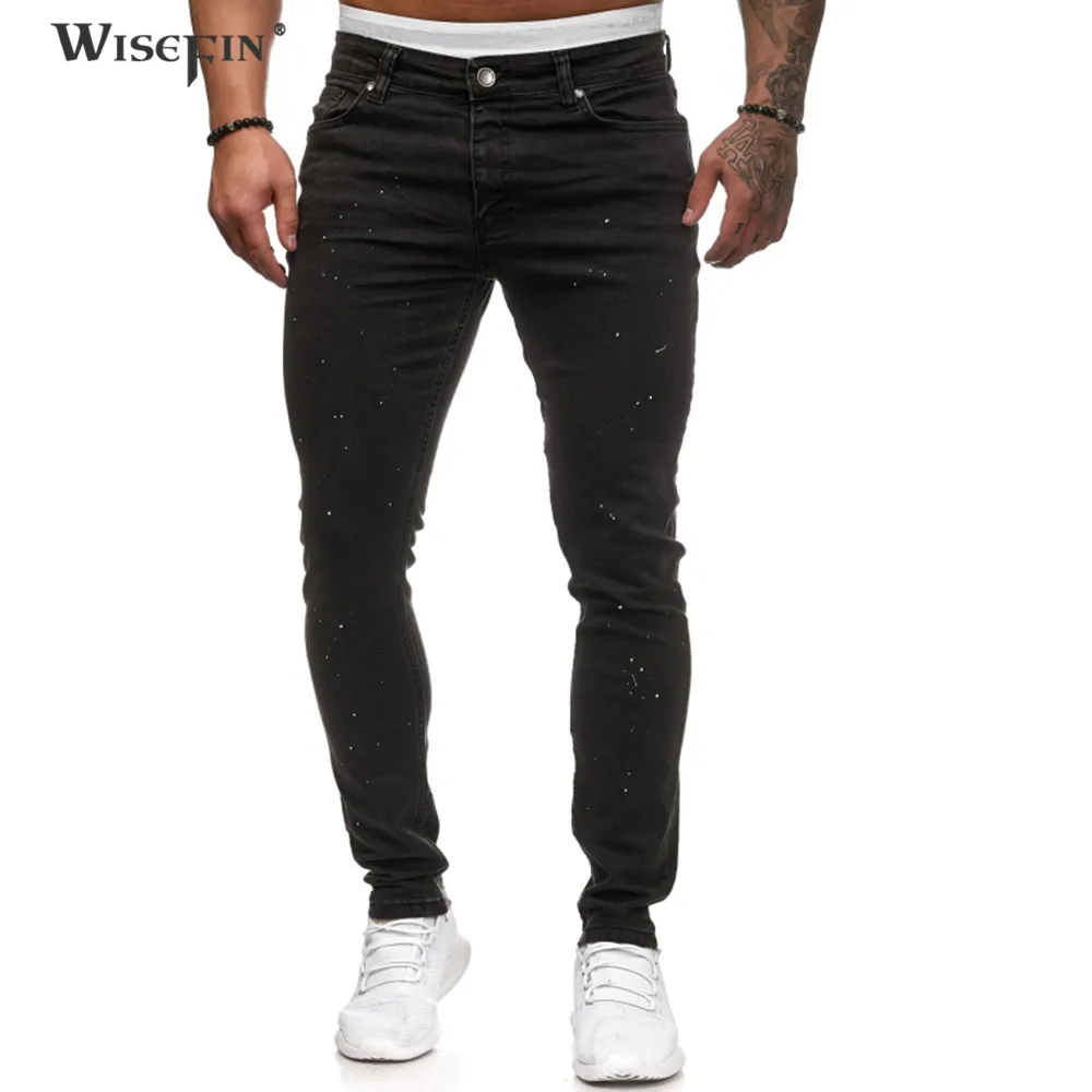 Повседневные обтягивающие джинсы для мужчин с белыми точками черные облегающие