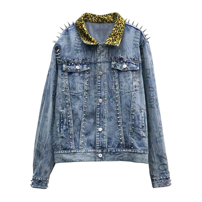

PADEGAO Leopard Patchwork Jacket 2020 Spring Outerwear Denim Jacket with Rivet Turn-Down Collar Jeans Coats for Women BJ991