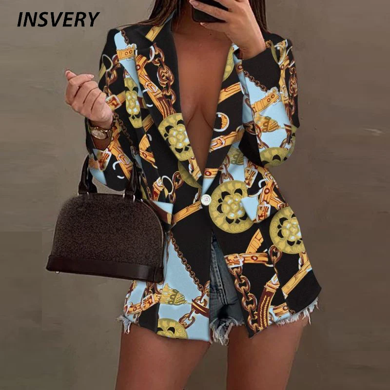 

Sexy Deep V Neck Chain Print Jacket Women Long Sleeve Button Outwear Autumn Office Lady Vintage Coat Tops 2021